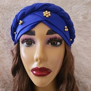 New Royal Blue Braided Turban Head Wrap with Gold Bead Accents